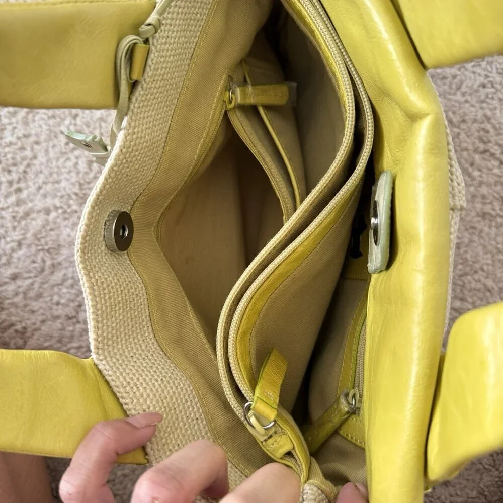 RADLEY STUNNING WOVEN CONTRAST YELLOW LEATHER GREEN STITCH TRIM TOP HANDLE TOTE